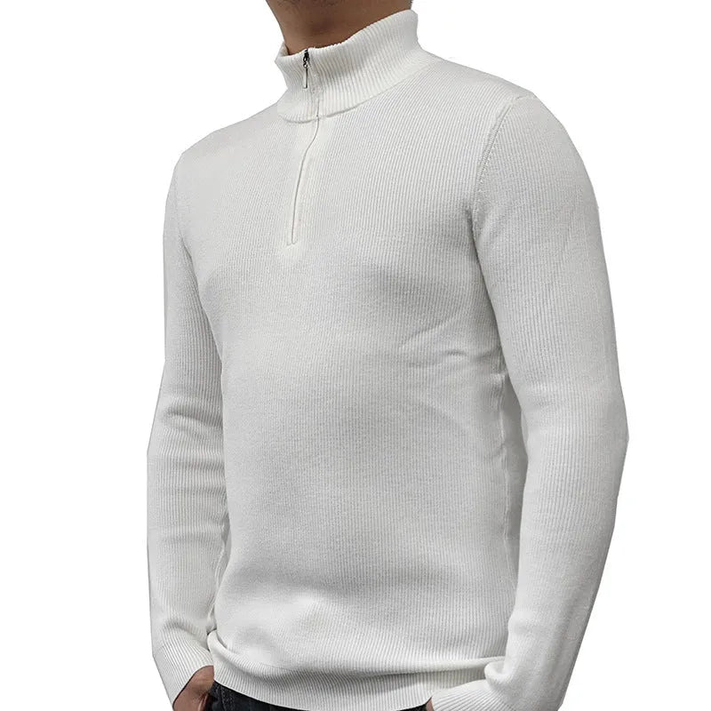 Men's black half-turtleneck zip-up pullover sweater with long sleeves on a model.