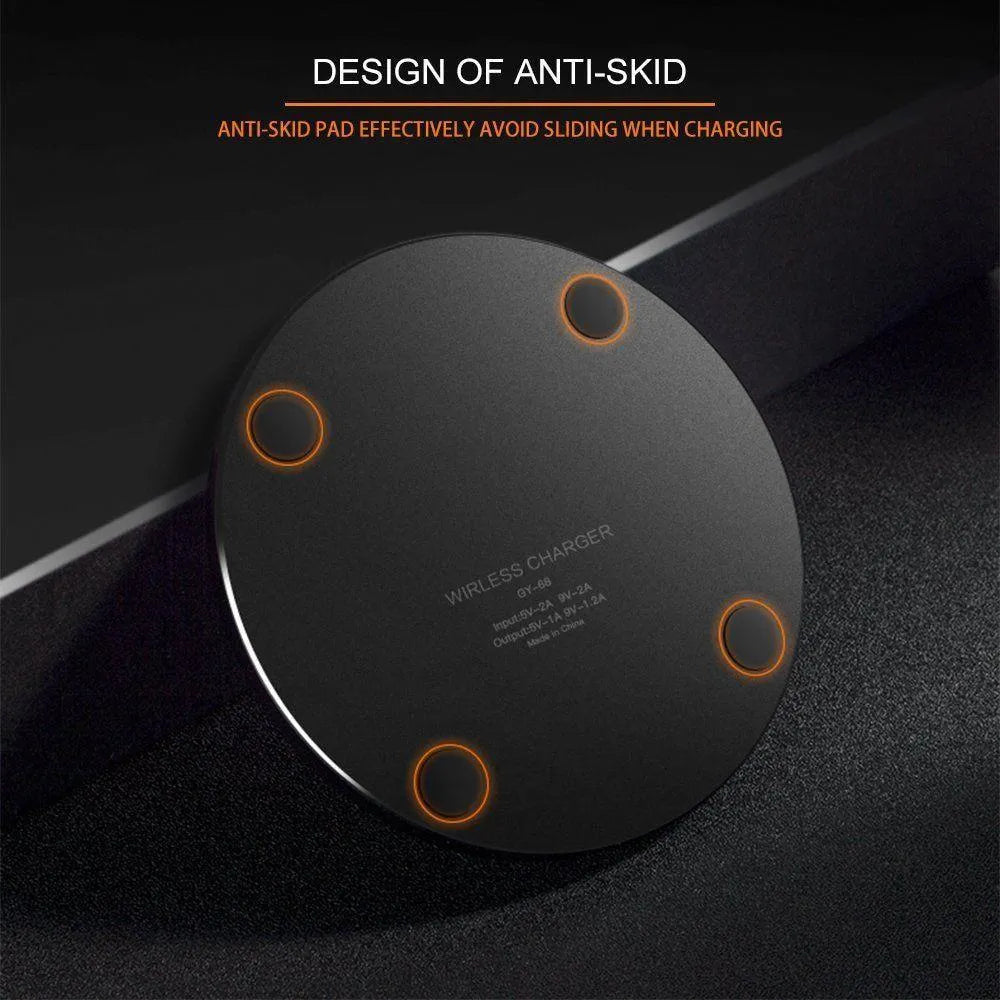 Black ultra-thin wireless charging base with 98mm square design for QI smartphone charging