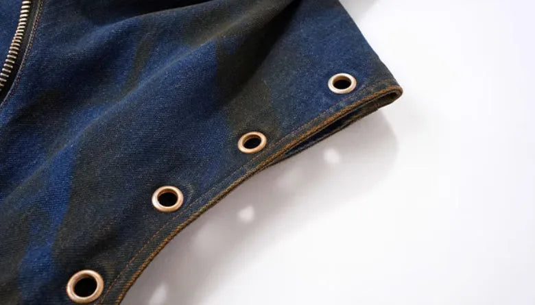 Blue hooded denim vest coat and matching trousers men's two-piece casual set