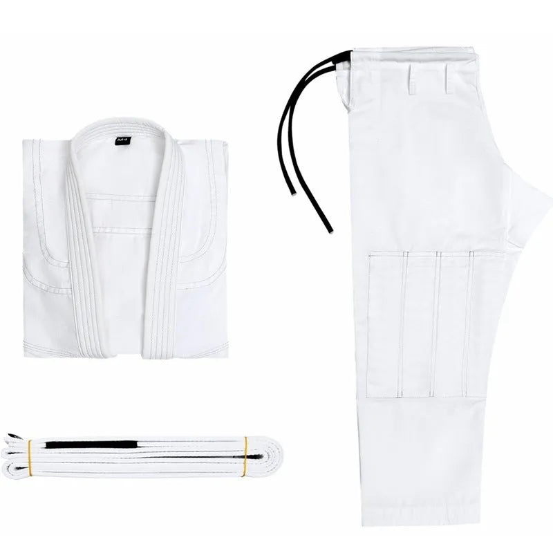 Cotton blend Brazilian Jiu-Jitsu uniform in black, set includes top and trousers for training.