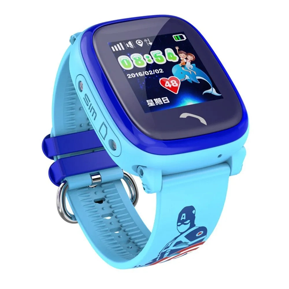 DF25 blue children's waterproof smart watch with touch screen and silicone wristband on a wrist.
