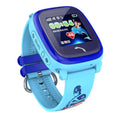 DF25 blue children's waterproof smart watch with touch screen and silicone wristband on a wrist.