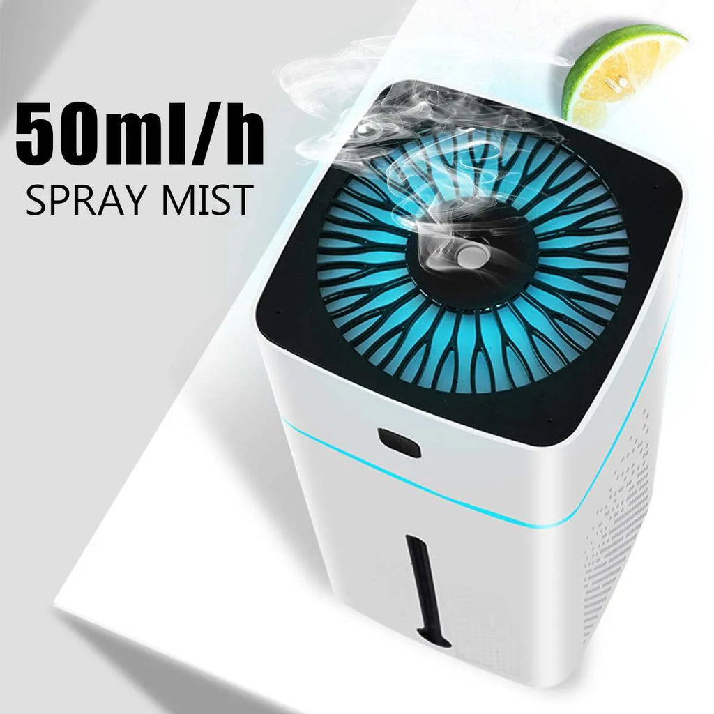 Black or white USB desktop humidifier measuring 103mm x 103mm x 218mm with 1000ml water capacity