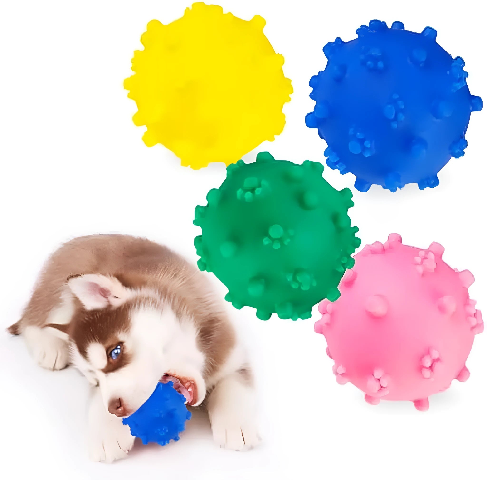Bright colour spiked dog toy balls with paw print dimples measuring 2 inches for small breed dogs