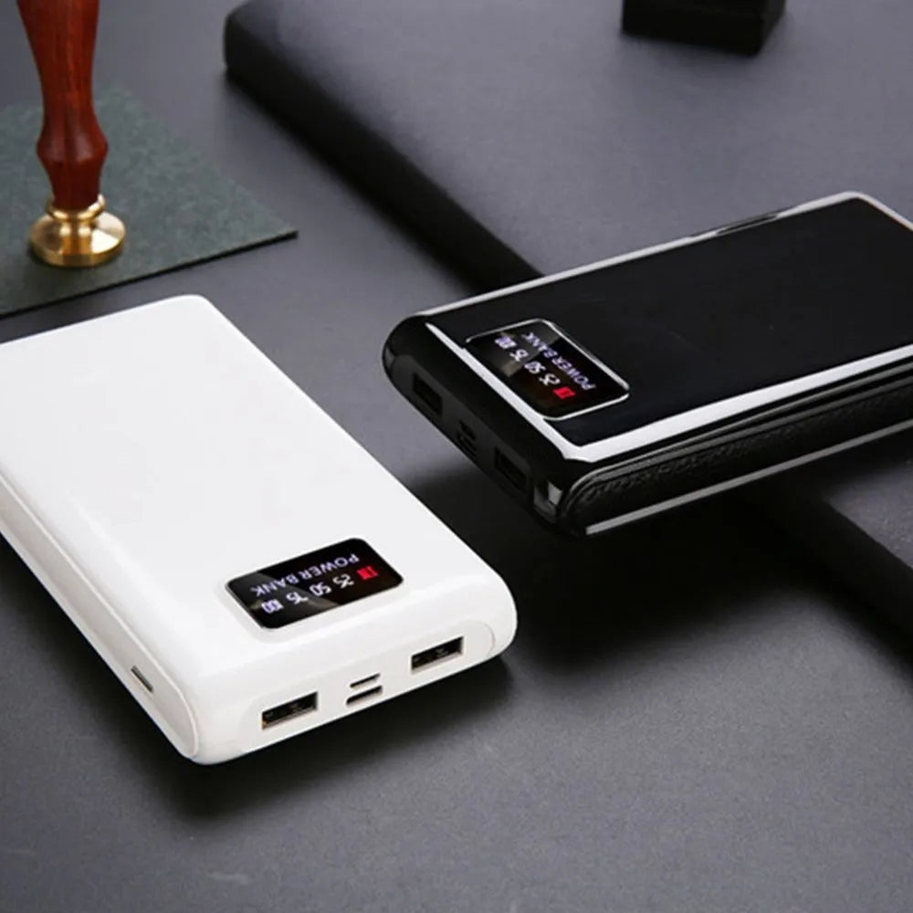 18650 6-cell DIY mobile charging bank case in black with Type-C and Micro USB ports, 22mm x 76mm x 150mm