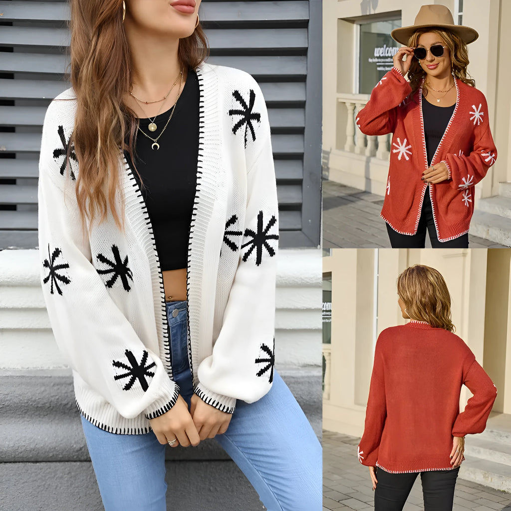 Plus size women's jacquard flower knitted off-neck cardigan coat in beige with contrast colour trim, loose fit thin acrylic knit