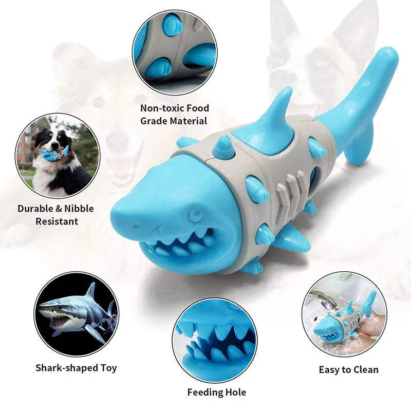Dog teething leaky toy in blue with shark-tooth texture and vent holes