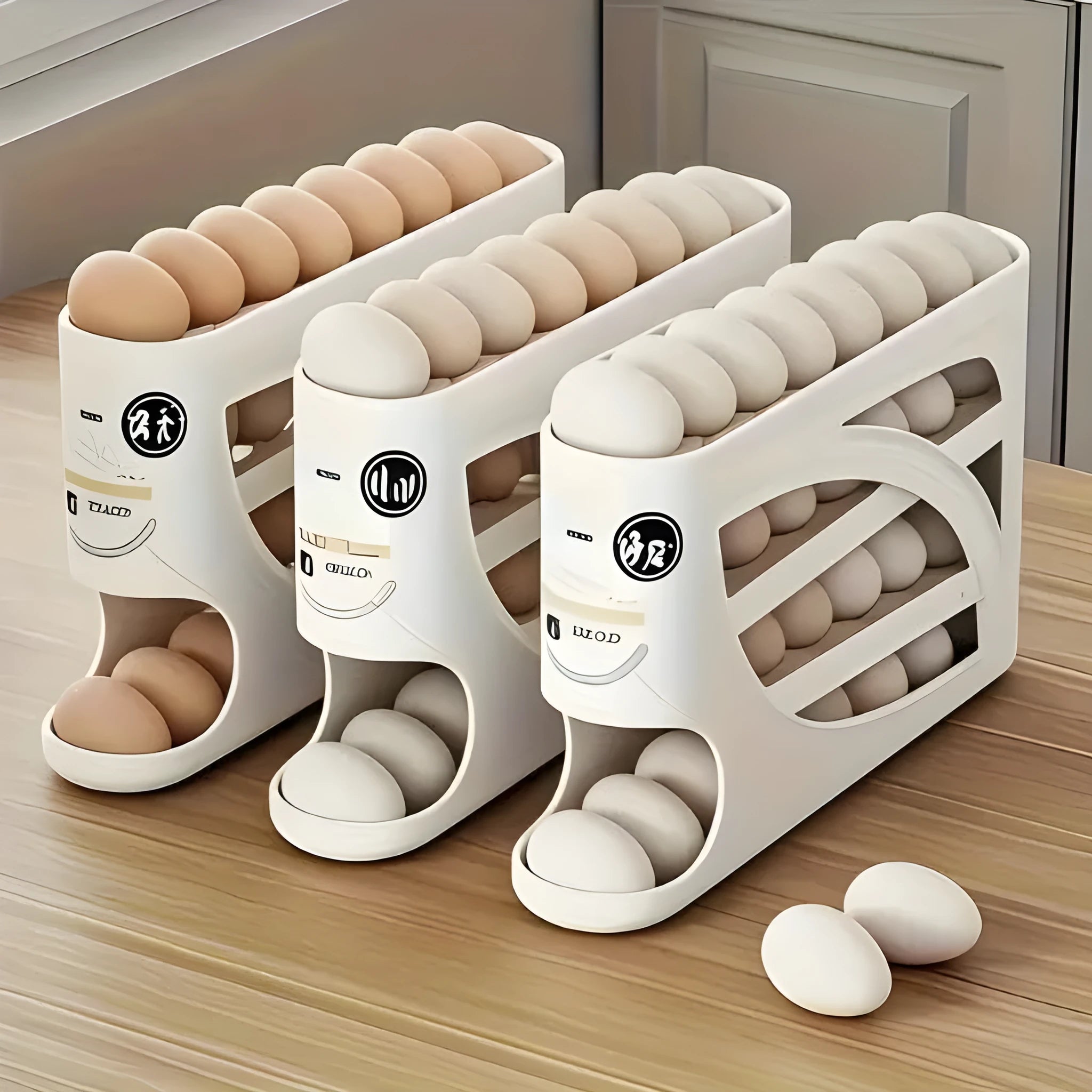 Rolling slide egg storage box for refrigerator, plastic 4 layer, beige colour