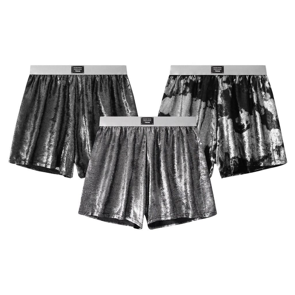 Galaxy brand reflective woven men's underwear in silver colour on a mid-waist mannequin.
