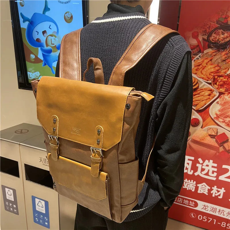 Unisex backpack large capacity PU leather solid colour black brown travel business college