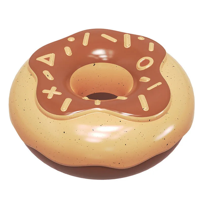 TPR rubber donut-shaped dog chew toy in pink, chocolate and yellow colours with textured teeth cleaning surface