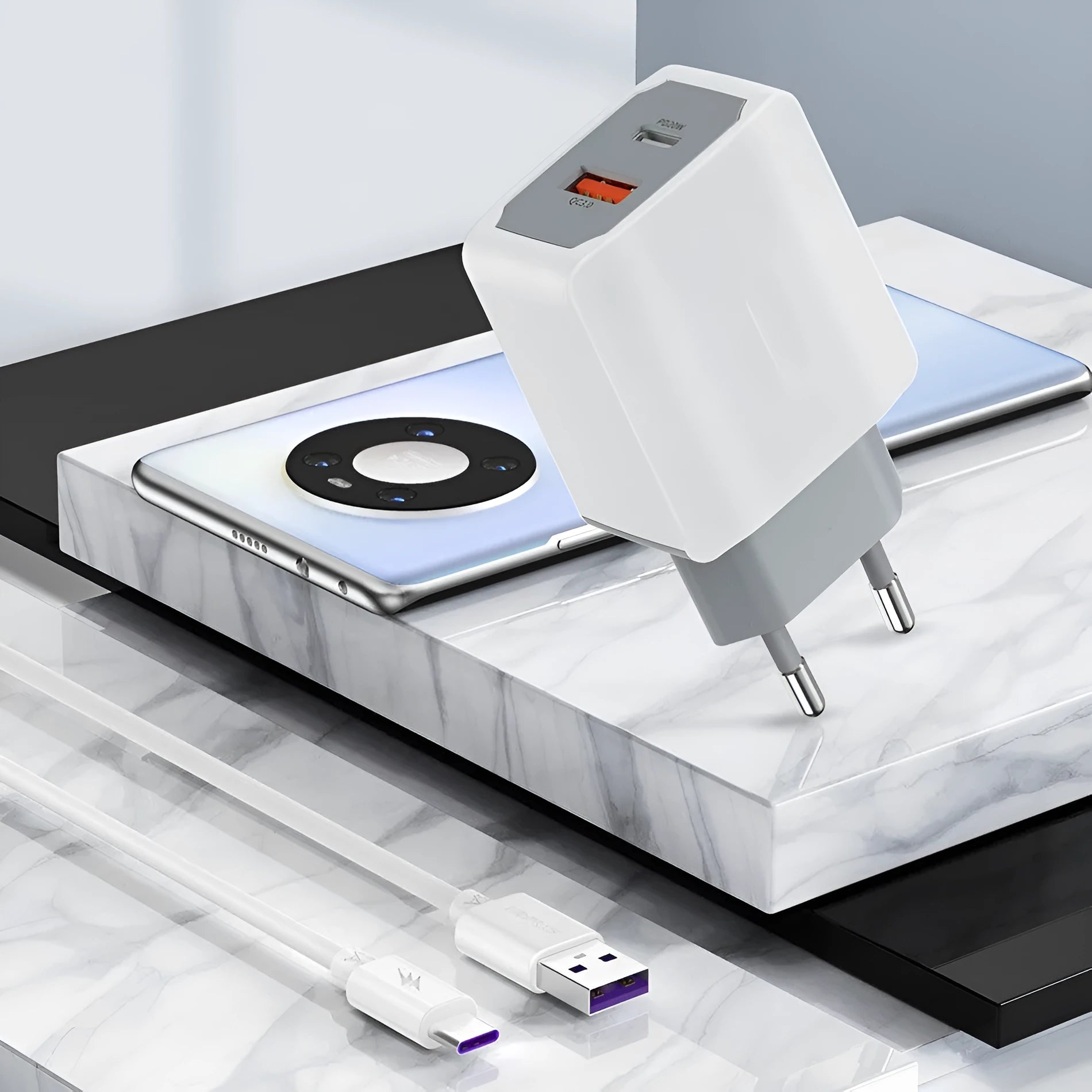 White European standard USB fast charger set with compact charging head