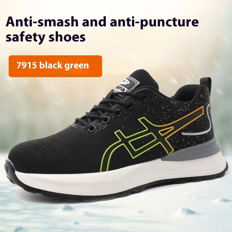 Brown leather labour protection safety shoes with rubber sole on work surface