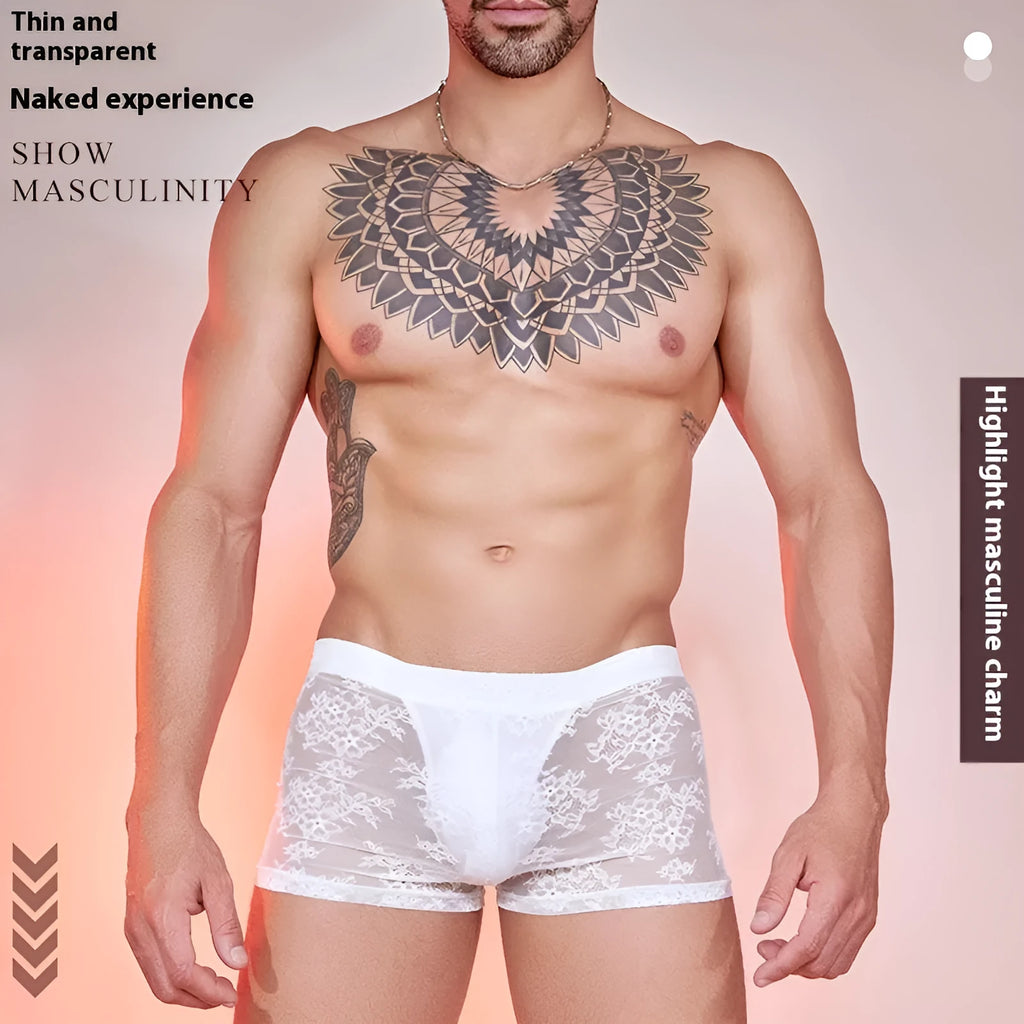 Fashion Personality men's lace-trimmed boxer briefs in black, white, and red colours.