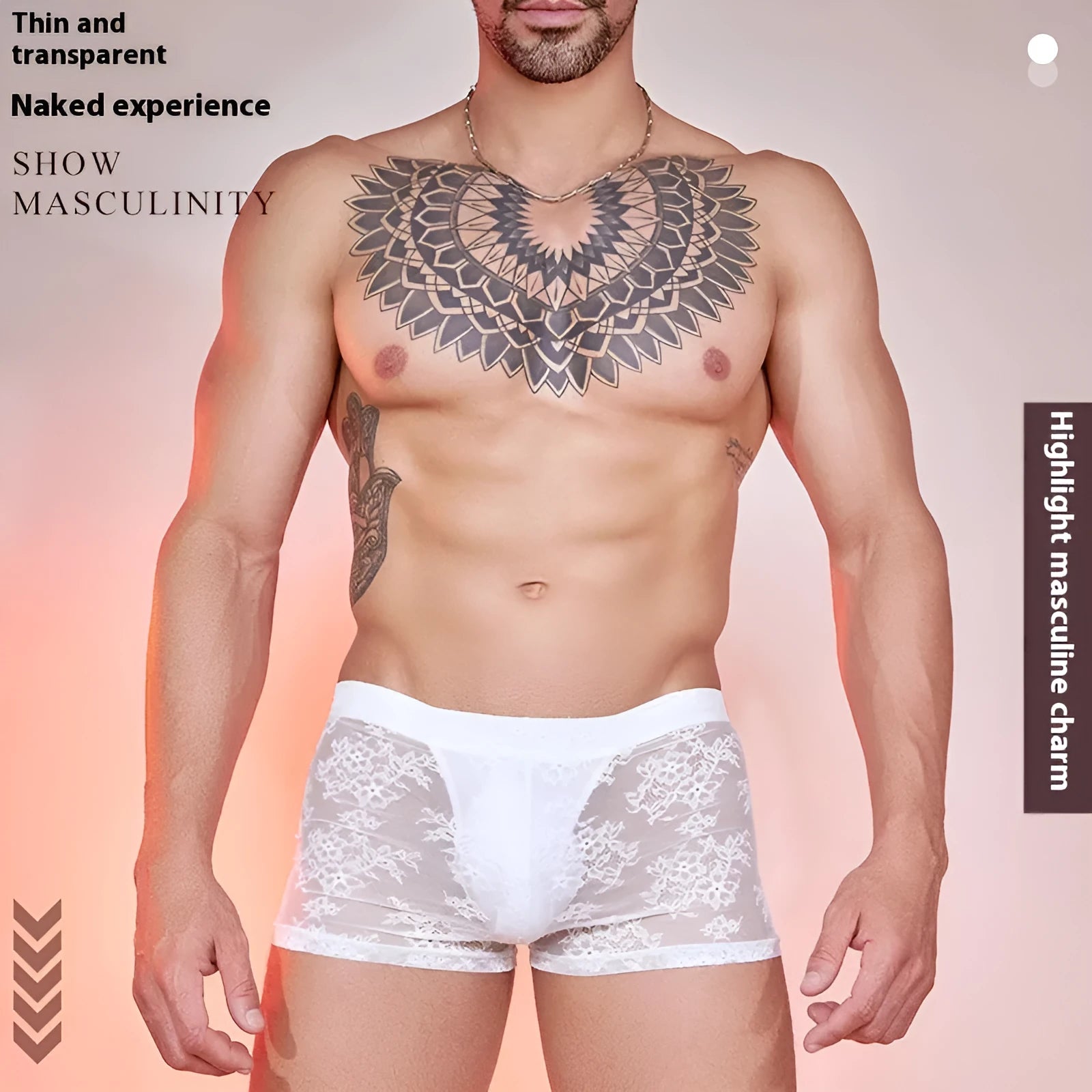 Fashion Personality men's lace-trimmed boxer briefs in black, white, and red colours.