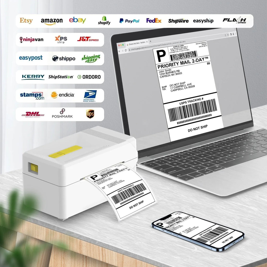 FlashLabel thermal express order printer for kupono shipping labels on a desk.
