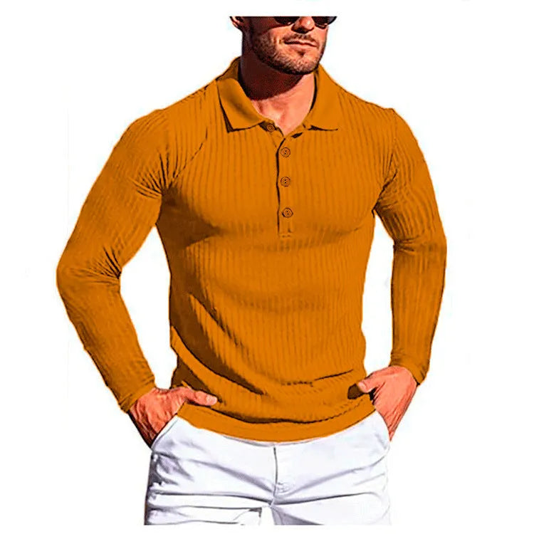 High elastic slim knit bottoming shirt in striped polyester, shown in multiple colours