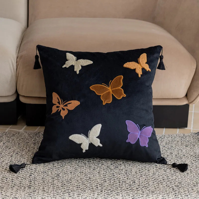 Chinese style butterfly embroidery decorative cushion 45x45cm in beige, black, or purple
