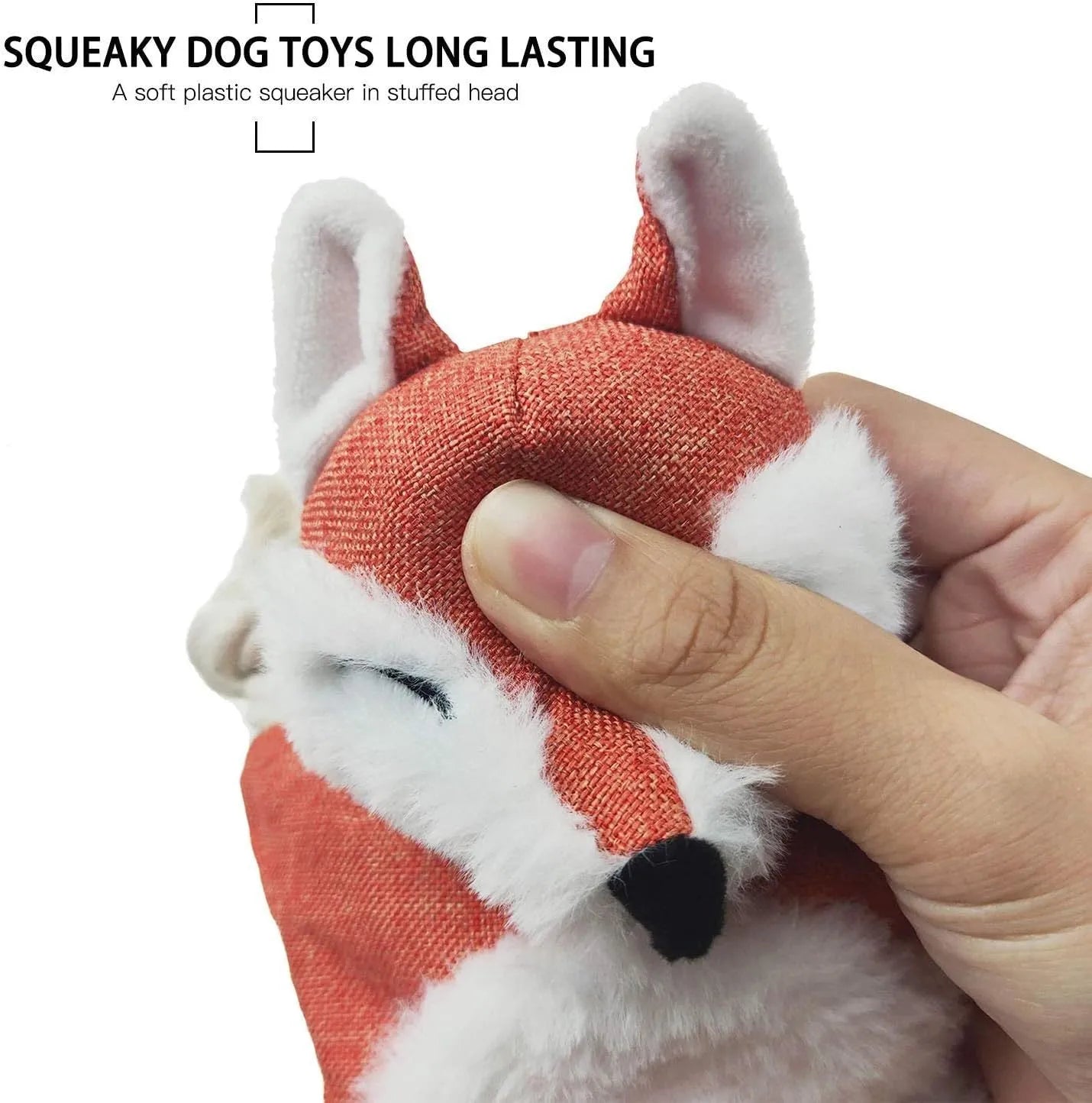 Brown plush fox dog toy with embroidered eyes, cotton rope limbs, and a squeaker in its head.