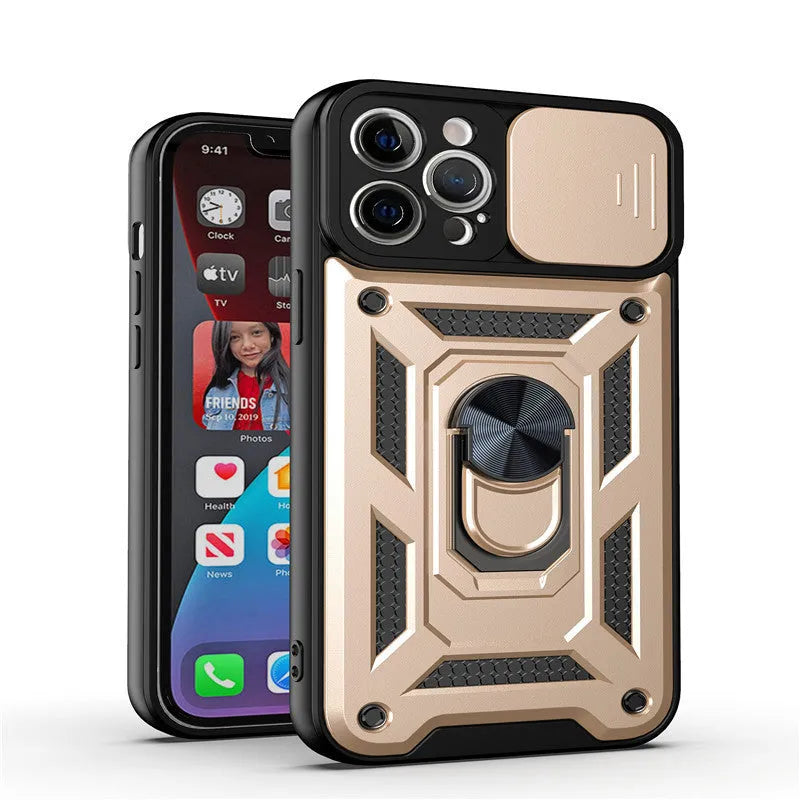 Sergeant sliding window mobile phone case with magnetic bracket in blue for iPhone showing open window