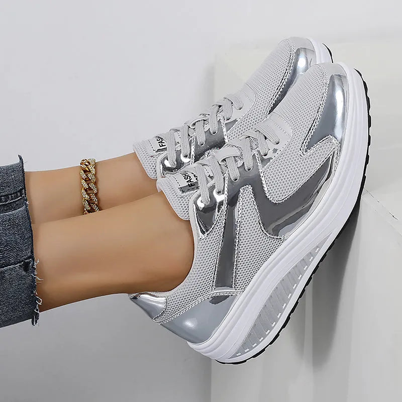 Women's gold breathable mesh elevator sneakers with thick platform sole, cross strap, and round toe