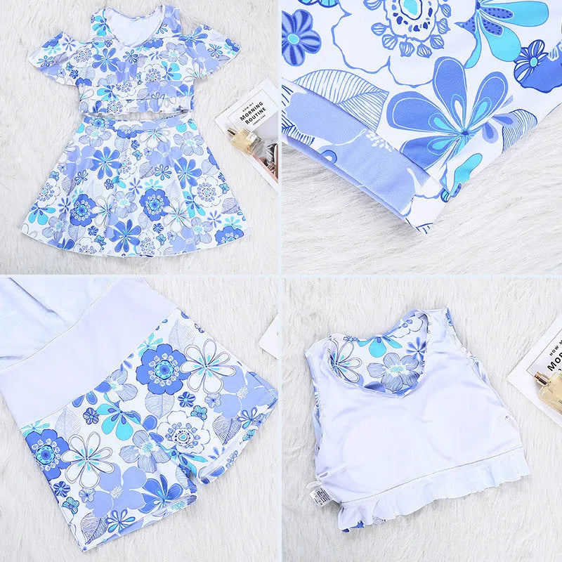 Women's one-piece floral swimsuit in fresh small floral blue, polyester fabric, sizes M-XXL