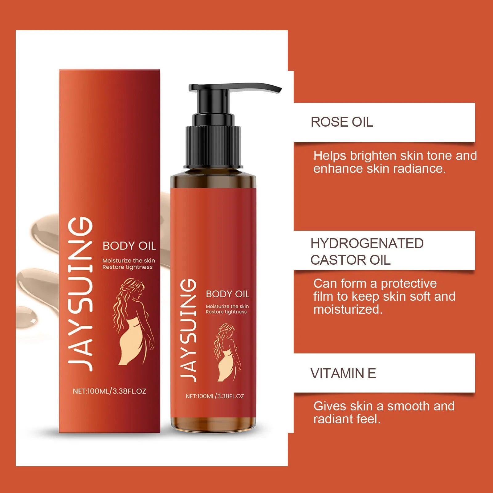 100ml body firming massage oil with vitamin E and rose oil in a white bottle
