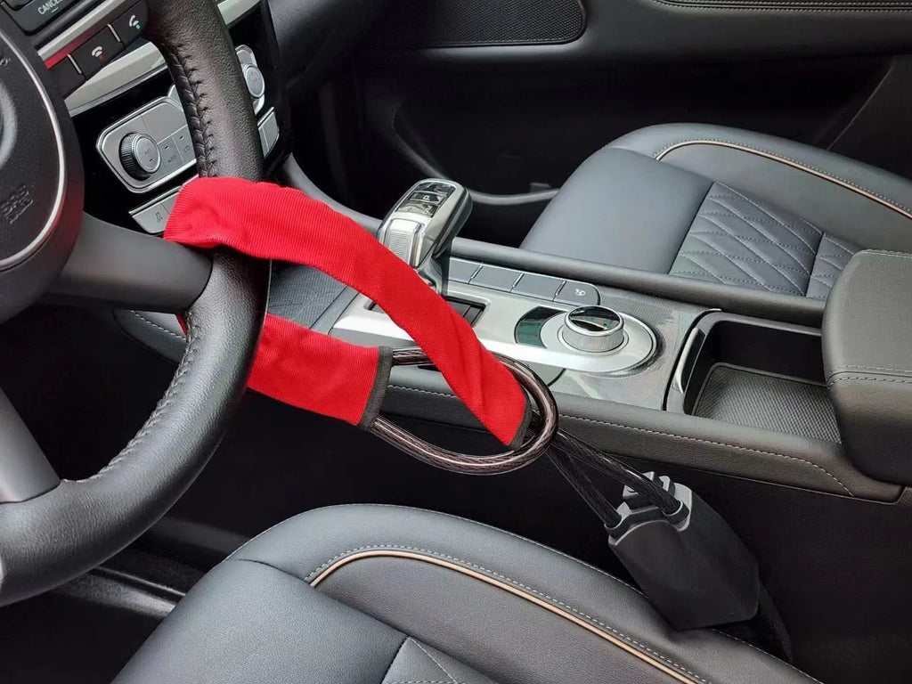 Car steering wheel wire rope lock in red colour with iron construction and copper lock core for GM vehicles