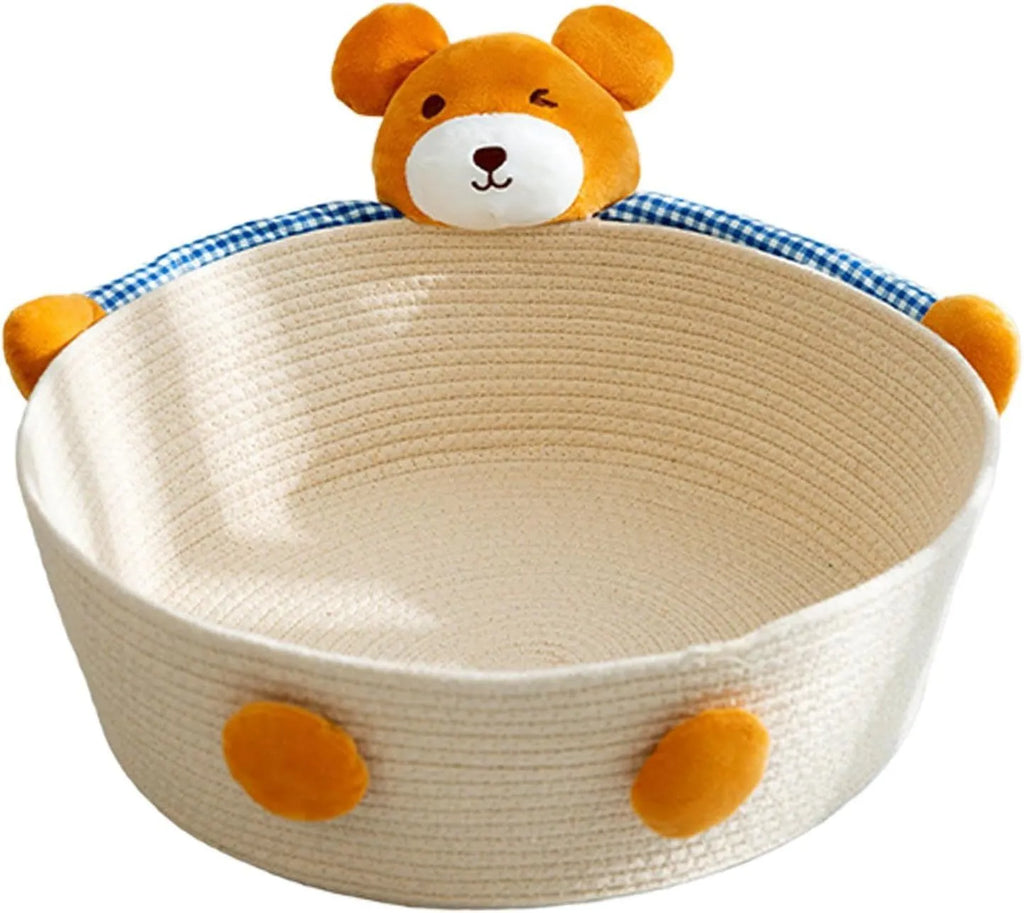 Woven cotton rope cat bed and scratching board basket shown in a home setting.