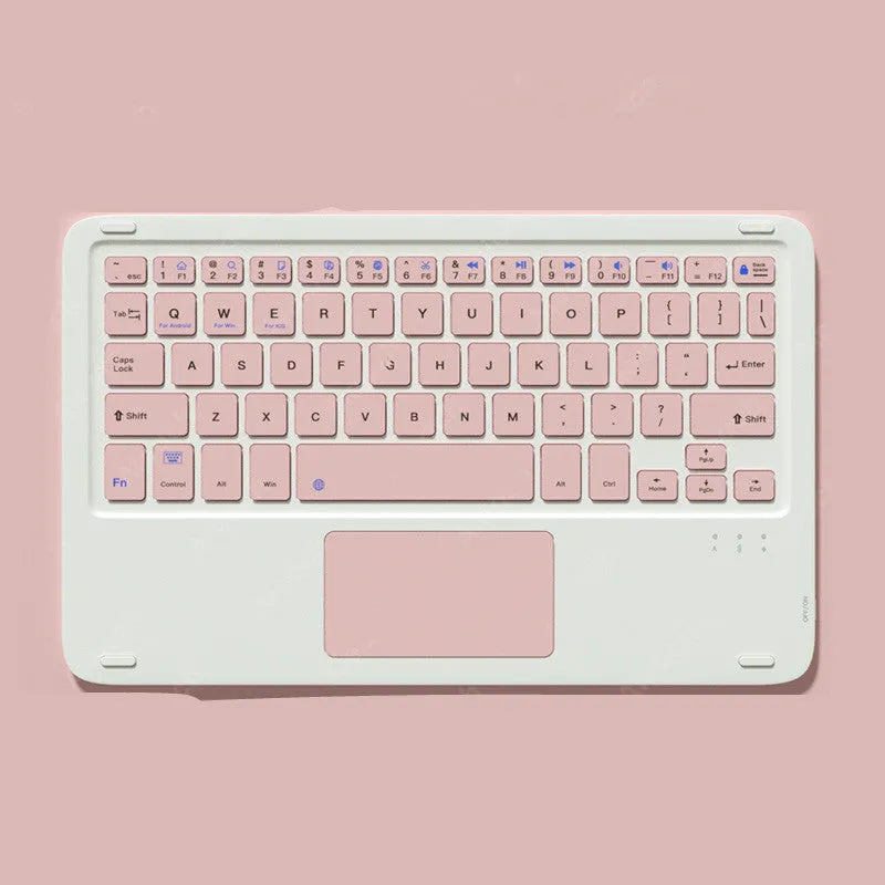 Bluetooth wireless keyboard and dual-mode rechargeable mouse set in pink colour on a desk.