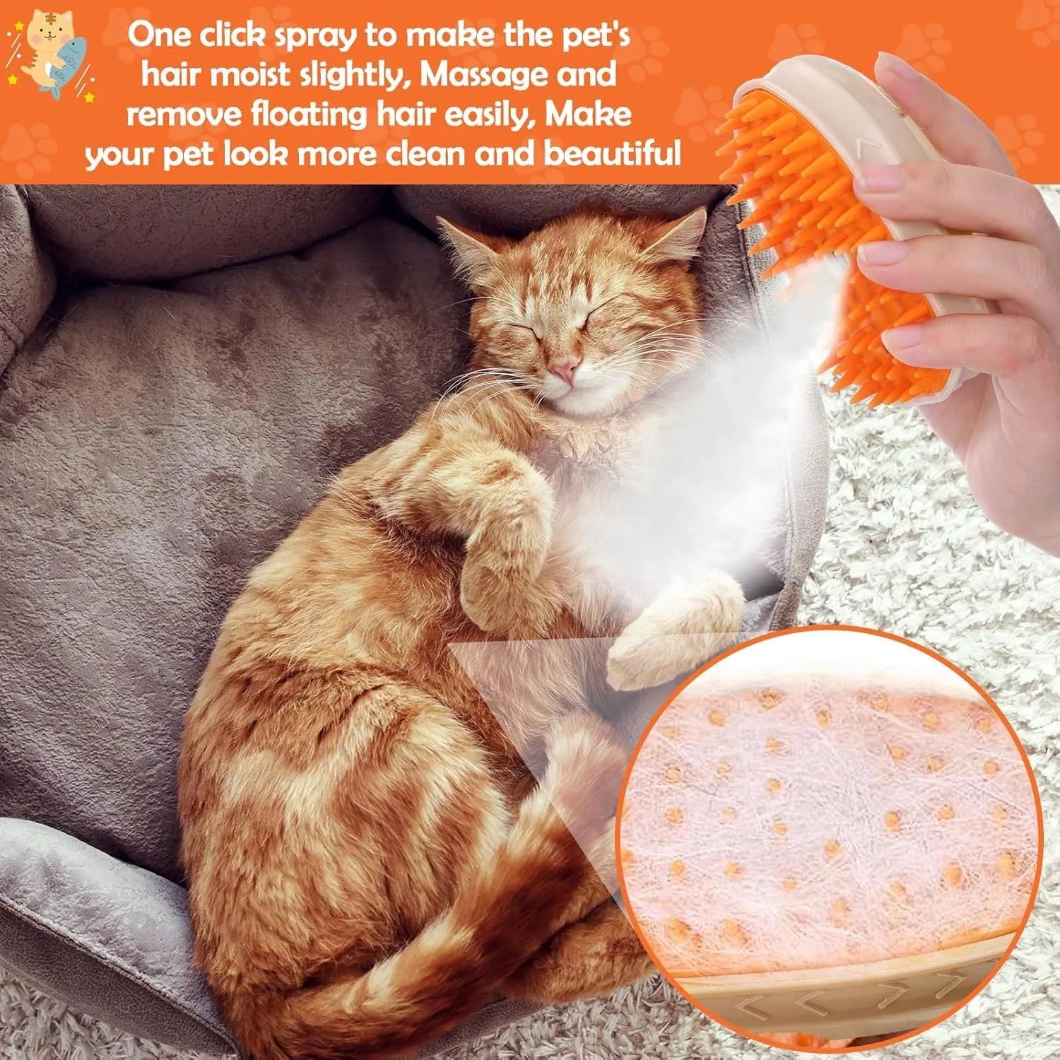 Yellow 4-in-1 cat steam grooming brush with silicone bristles, water tank, and ringworm detector lamp