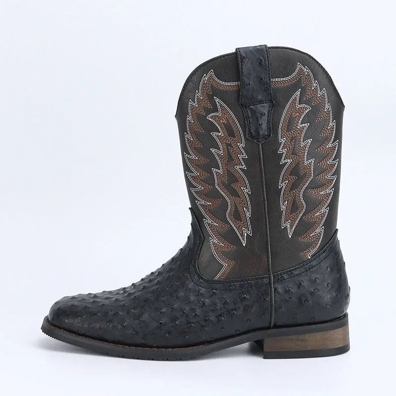 Men's retro western denim square toe motorcycle boots with embroidery, low wedge heel, black colour