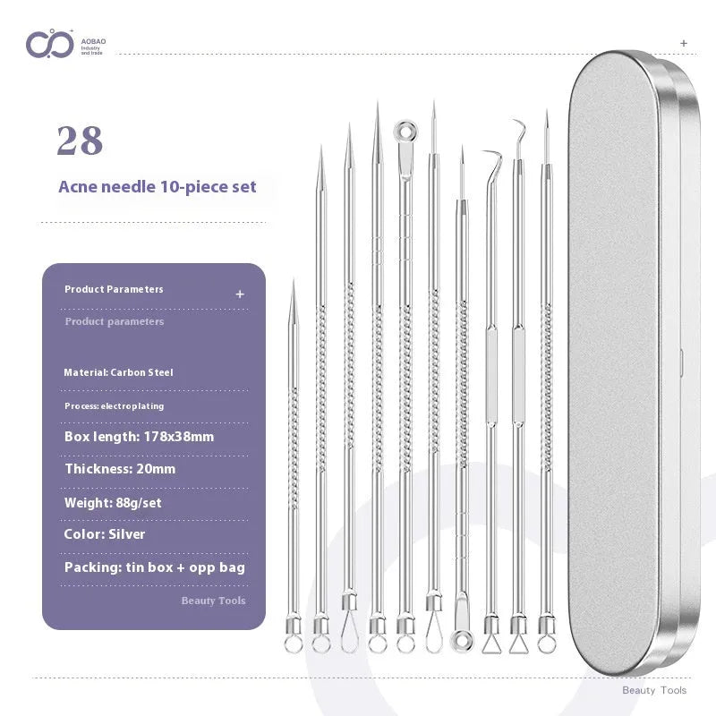 Four silver metal acne needles with ultra-fine points for blackhead removal.