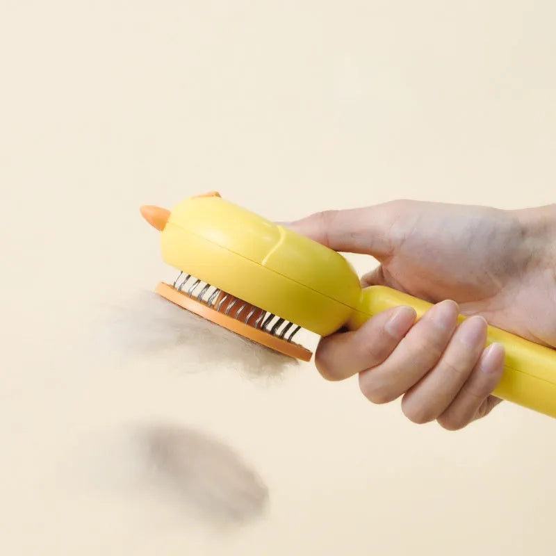 Purple pet grooming brush with bent stainless steel bristles and self-cleaning button
