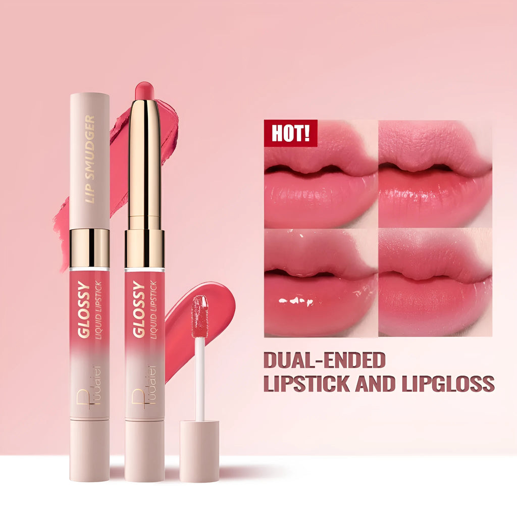 Double-headed lipstick and lip gloss set showing 10 colour options with dual-tip applicator design