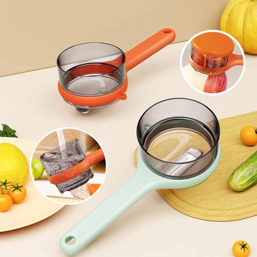 Kitchen multi-functional peeler with bucket storage in light green plastic on a clean countertop