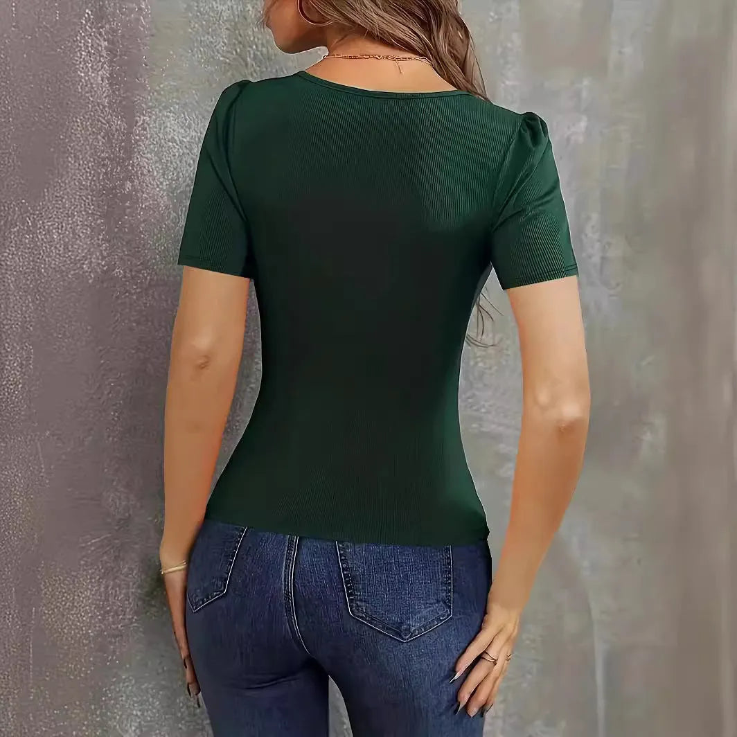 Women's polyester V-neck slim fit short sleeve top in wine red colour
