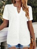 White women's V-neck T-shirt with hollow-out detailing and loose Japanese-Korean casual style