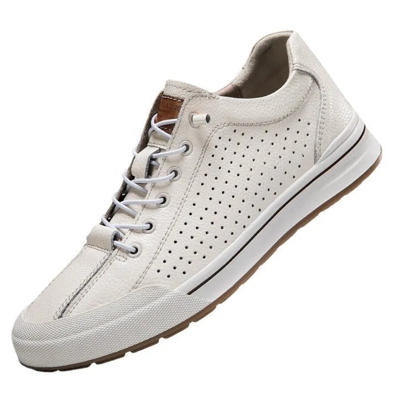 Men's white leather casual shoes with round toe and flat heel design