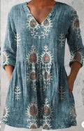 Women's printed loose dress with 3/4 sleeves and wide waist design in floral pattern