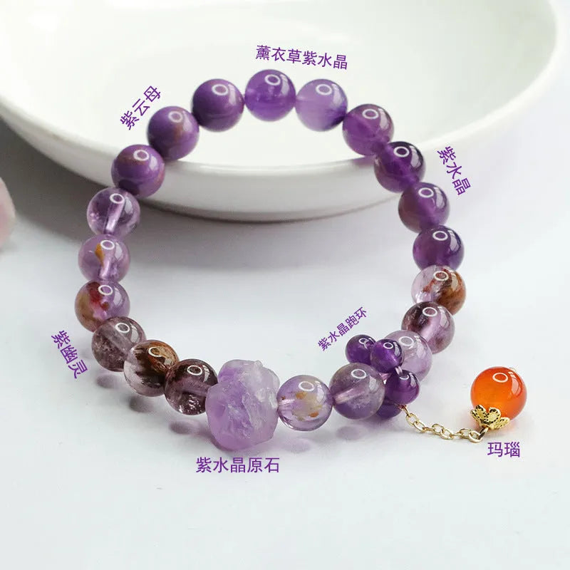 Nine purple fire Duobao crystal bracelet with amethyst beads and red agate accents in Mori style