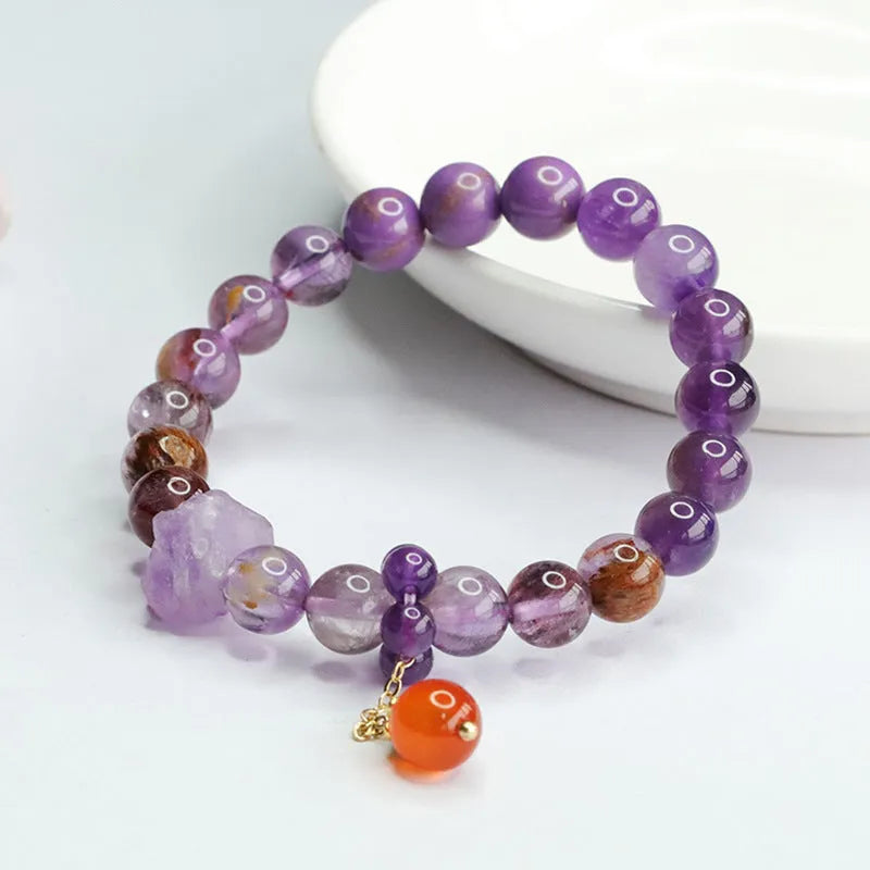 Nine purple fire Duobao crystal bracelet with amethyst beads and red agate accents in Mori style