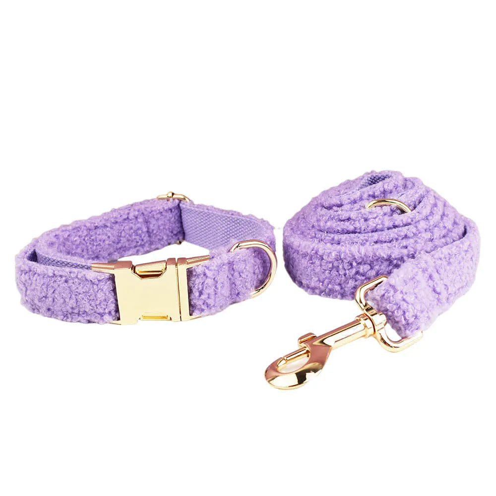 Purple cloth dog collar, leash, bow and vest four-piece set for small dogs on white background