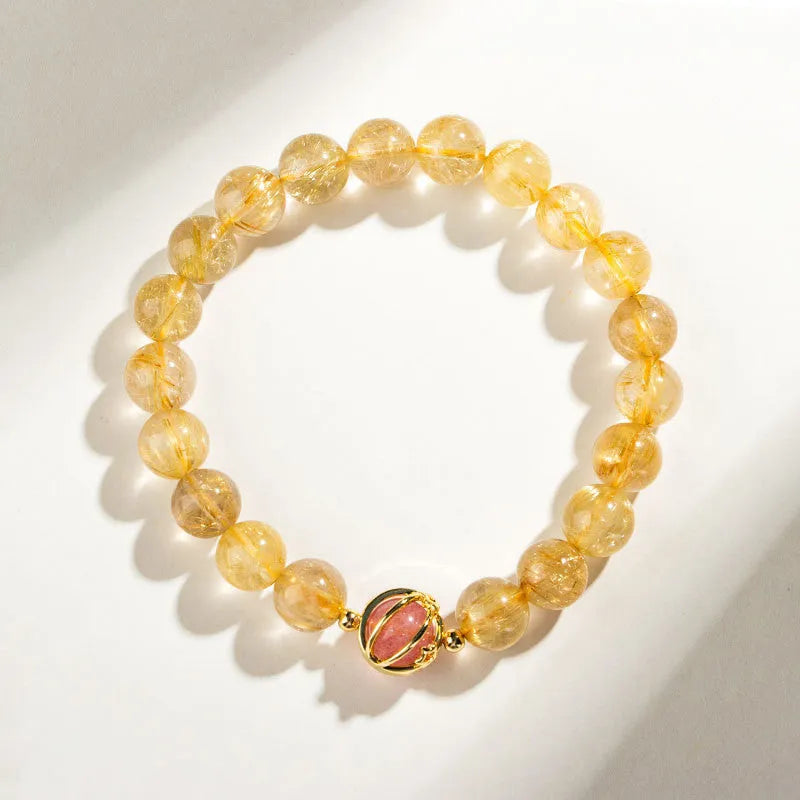 Natural gold rutilated quartz crystal bracelet with diamond cut beads, 6mm and 8mm sizes, unisex design