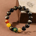Single circle Five Gods of Wealth rainbow eye obsidian bracelet with polished crystal beads, 10mm size, on white background
