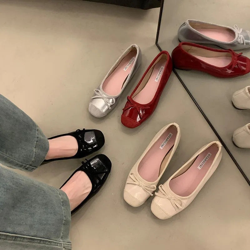 Retro ballet Mary Jane flats in apricot with bow detail and square toe