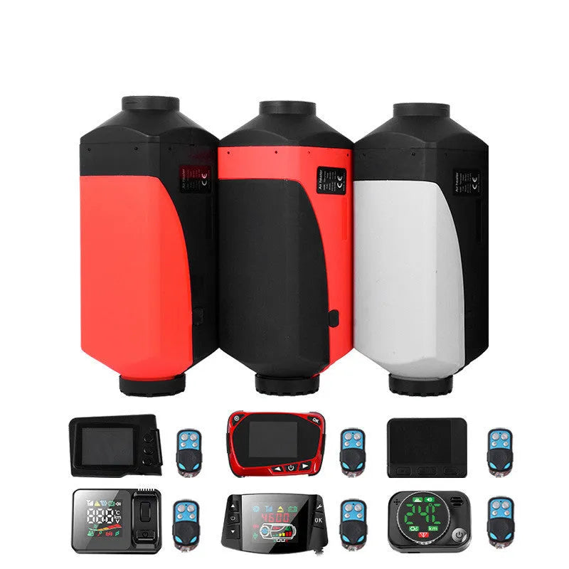Red and black diesel air heater unit with fuel tank and exhaust components for vehicle installation
