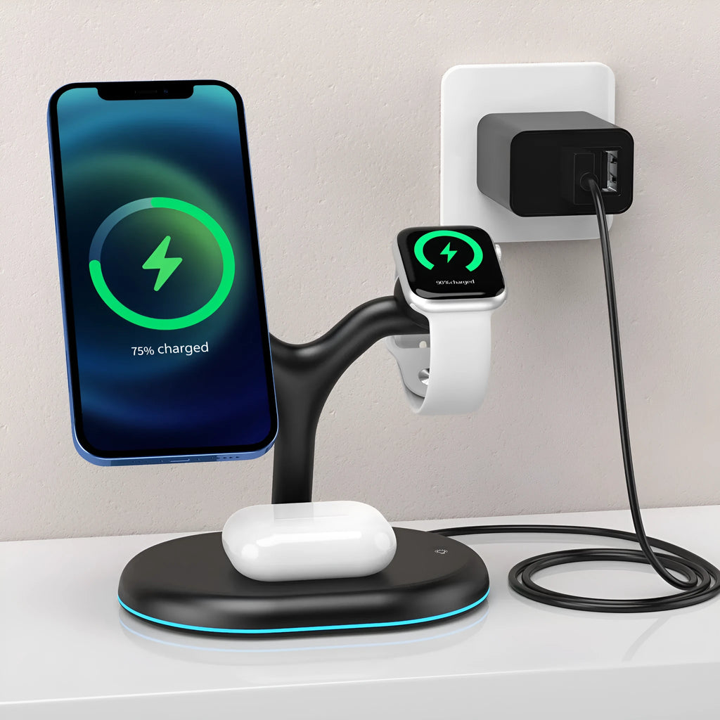 Black three-in-one magnetic wireless charger on a surface.