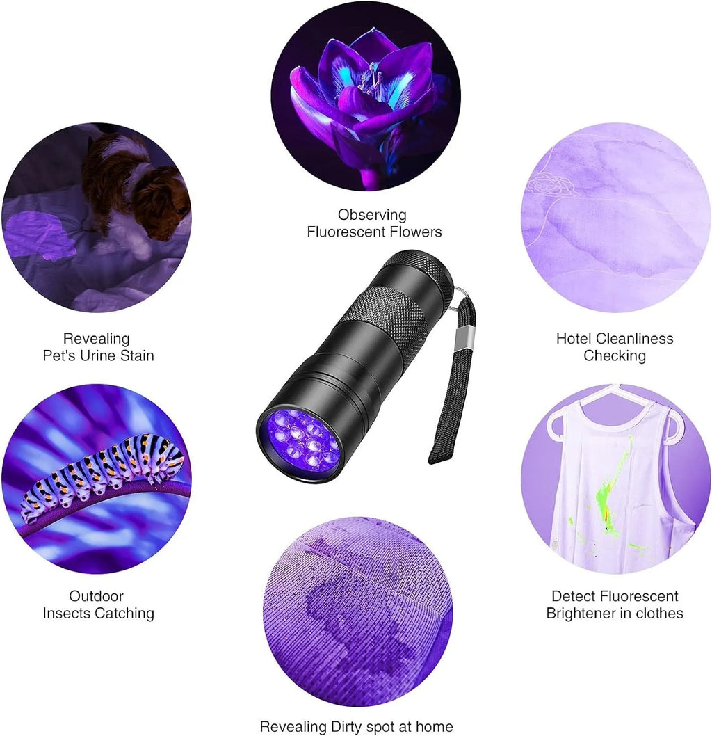 Black aluminium UV flashlight for detecting pet urine stains and insects
