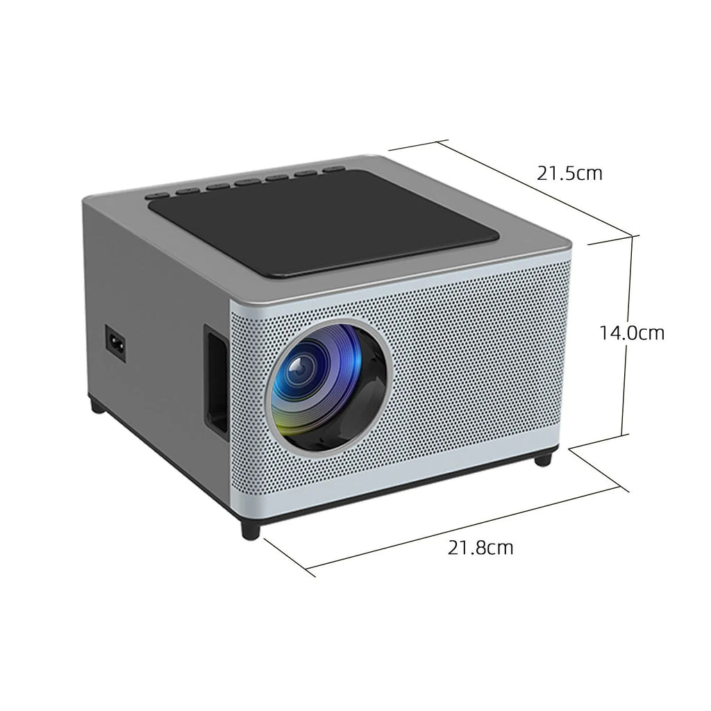 White mini portable projector with black lens and ventilation grilles on front panel